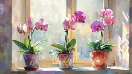 orchids blooming in flower pots on window sill