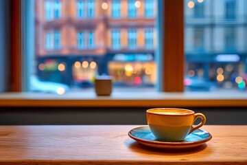 Fototapeta premium Natural light floods through a large window, highlighting a coffee cup on a saucer at a wooden cafe table and creating an inviting, cozy spot for unwinding.