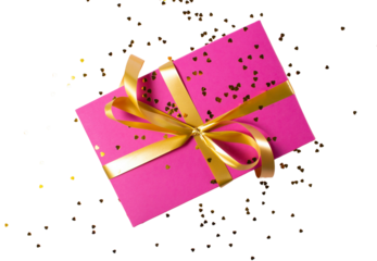 Magenta gift box with golden ribbon and heart shaped confetti festive celebration present for special occasion on transparent background romance and joy concept