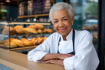 Elderly African American woman baker smiling proudly in her bakery, surrounded by fresh bread and pastries, radiating warmth and passion.