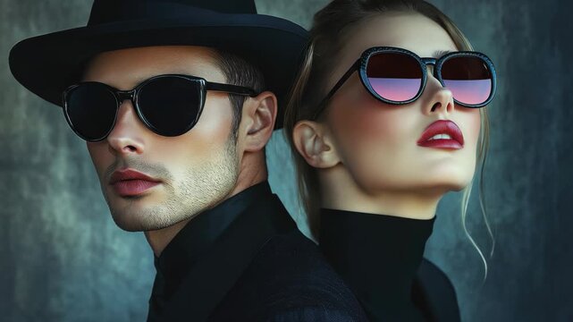 Classy high fashion dealer showcases striking styles in contemporary urban setting with focus on unique sunglasses and elegant attire at sunset