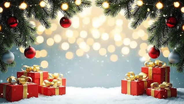 Christmas Background with Red Gifts, Pine Branches, and Falling Snow
