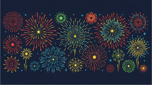 Vibrant illustrative display of colorful fireworks exploding in the dark night sky
