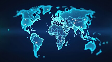 A glowing blue world map with data points representing global technology and connectivity