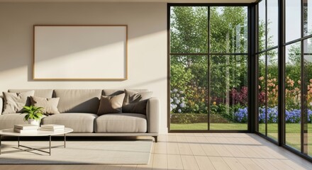 Modern living room interior with grey sofa, blank art and large windows looking outside.