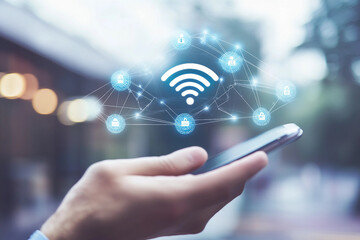 Interacting with digital holographic interface in futuristic virtual space innovation scene, generative ai