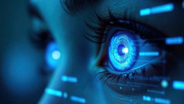 Futuristic vision: close-up of a glowing high-tech eye representing artificial intelligence and data processing - Powered by Adobe