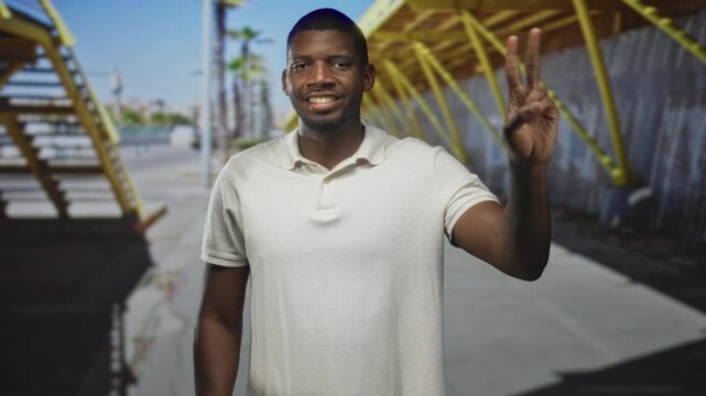 Man points index finger on a sunlit street beside a yellow staircase and boardwalk, wearing a white polo shirt and smiling while raising right hand; confidence.
