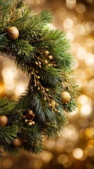 Obraz premium Green pine wreath bokeh glows with gold accents, natural evergreen tones, warm festive light, elegant premium commercial texture, cozy holiday celebration background