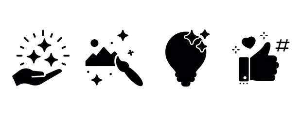 Creative icons: hand with sparkles, painting, light bulb, and thumbs up