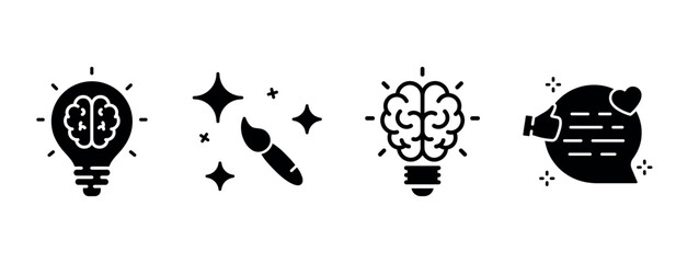 Creative icons: lightbulb, paintbrush, brain, speech bubble with heart and star elements