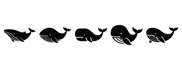 wiggly whale silhouette icon set. Animals icons collection. Animal silhouette icons. Isolated on White background © Rajjo