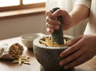 Hands Grinding Astragalus Root in Stone Mortar and Pestle for Herbal Medicine
