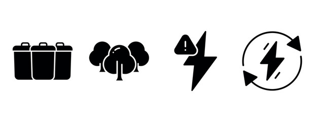 Sustainable energy icons: battery, trees, lightning bolt with warning, recycling symbol