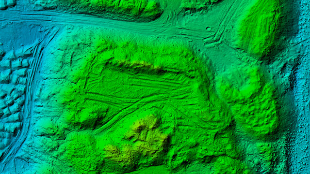 A green and blue image of a landscape with a lot of rocks and dirt. The image is a 3D rendering of a terrain, with the green and blue colors representing different elevations and textures