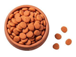 Isolated dry pet food kibble in a terracotta bowl, crunchy nutrition for cats and dogs