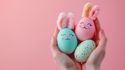 Close-up of hands holding pastel Easter eggs decorated as bunnies with fuzzy ears on a soft pink background. Hands Holding Cute Easter Bunny Eggs on Pink Background