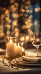 Obraz premium Golden candlelit Christmas scene with warm luxurious tones, elegant dinner ambiance, soft flickering highlights, premium festive lifestyle, cozy holiday bokeh lighting
