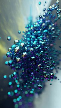 Shimmering blue cosmetic micro spheres representing active skincare ingredients, peptide infusion and hyaluronic booster technology, creating a luxurious dermatology background for beauty serums