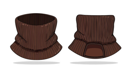 Two perspectives of a brown knitted neck warmer, showcasing the texture and design details against a clean background