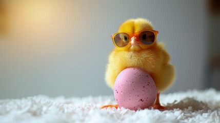 A charming and whimsical image of a fluffy yellow chick confidently wearing stylish orange sunglasses while posing with a speckled pink Easter egg. Set against a softly lit neutral background
