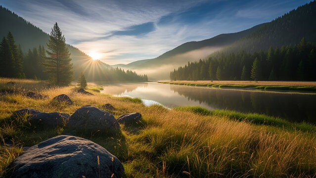 Golden sunrise over a calm river surrounded by misty pine forests and grassy meadows in a peaceful mountain valley. - Powered by Adobe