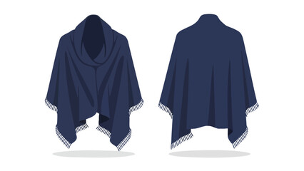 Stylized Vector Illustration: Front and Back Views of a Navy Blue Poncho with Fringe detailing showcasing elegant drape and design 151 characters
