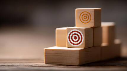 Business goal with growth success process for leadership concept, wooden cube blocks as stair step with target and strategy icons, vertical style, success and business goal achieve