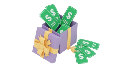 Isolated surprise gift box overflowing with money, celebration of wealth, holiday present
