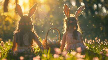 Two girls in bunny ears sitting on grass with Easter basket at sunset, joyful spring vibe