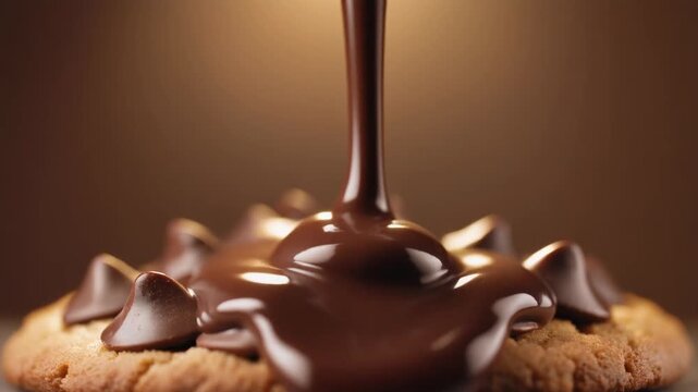 Melted chocolate pours onto a textured cookie adorned with chocolate chips against a warm blurred brown background