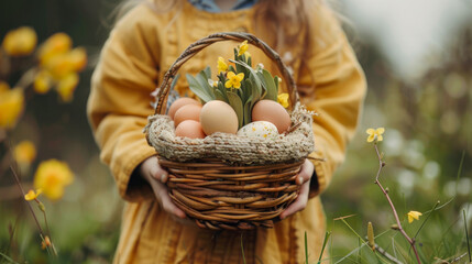 Close-up of a child holding a wicker basket filled with pastel Easter eggs and fresh yellow spring flowers, wearing a mustard-yellow coat in a blooming outdoor setting.