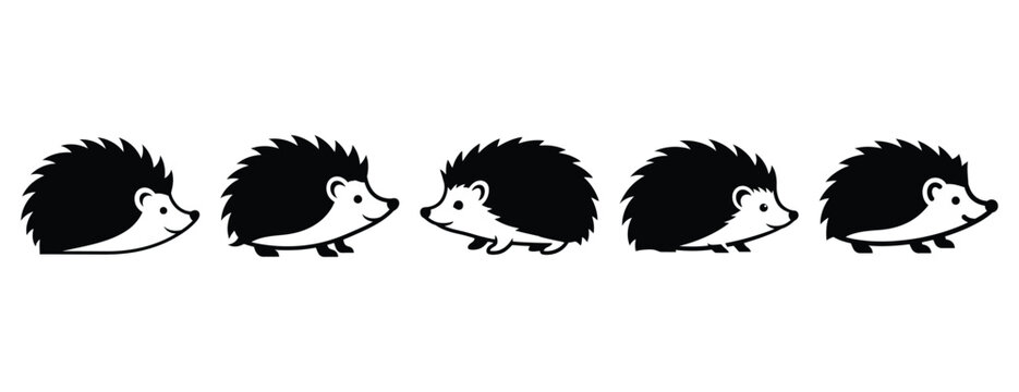 happy hedgehog silhouette icon set. Animals icons collection. Animal silhouette icons. Isolated on White background