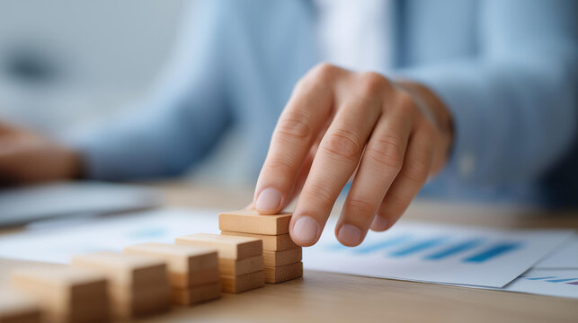 Closeup of faceless hand carefully stacking wooden blocks on desk with financial documents, symbolizing strategic planning and careful execution required for successful investments