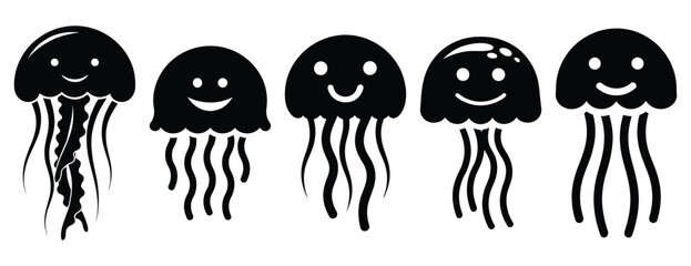 jolly jellyfish silhouette icon set. Animals icons collection. Animal silhouette icons. Isolated on White background © Rajjo