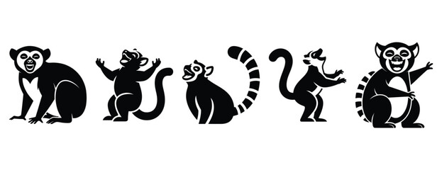 laughing lemur silhouette icon set. Animals icons collection. Animal silhouette icons. Isolated on White background © Rajjo