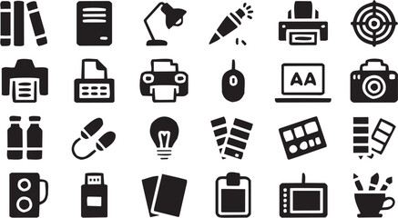 Technology and Office Icons Including Computer Printer and Briefcase. A black-and-white illustration representing business tools.
