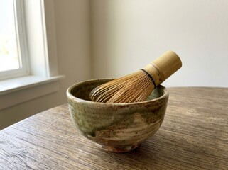 Traditional ceramic matcha bowl and bamboo whisk resting on a rustic wooden table illuminated by soft daylight near a window