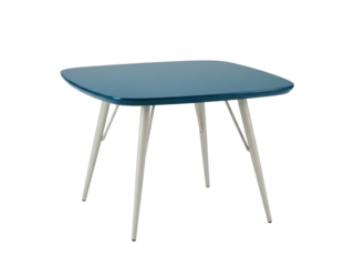 Isolated teal occasional table with round-cornered square top and four slim metal legs