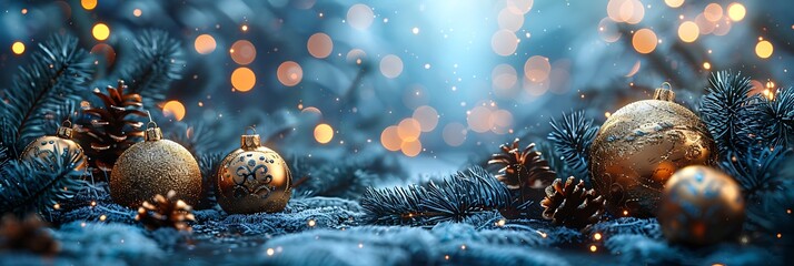 Panoramic Christmas Festive Scene with Gold Baubles and Twinkling Lights