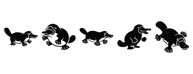 playful platypus silhouette icon set. Animals icons collection. Animal silhouette icons. Isolated on White background