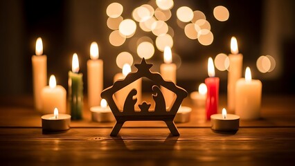 Warm glowing candles surround elegant wooden nativity scene for peaceful Christmas celebration ambiance