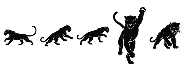 prancing panther silhouette icon set. Animals icons collection. Animal silhouette icons. Isolated on White background