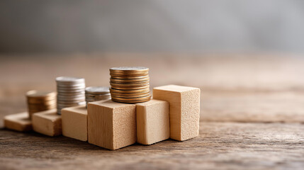 Stack of wooden blocks and coins on table, coins stacked on top of blocks creating staircase, concept of building wealth and financial stability, monetary growth visualization, wit