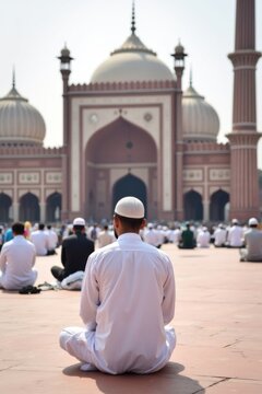 A muslim worshipper sits in quiet reflection before the grand jama masjid mosque