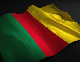 Green, red, yellow striped fabric waving on black