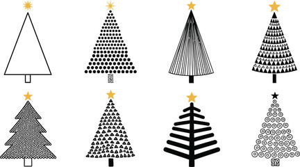 Set of minimalist black and white christmas tree designs in various abstract styles