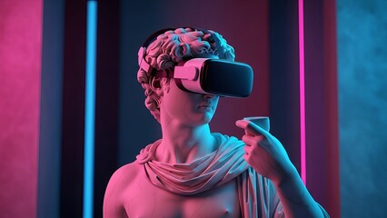 Sculptural bust wearing VR headset, holding cup. Digital art with neon lighting.