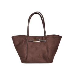 Naklejka premium Soft, brown tote bag featuring smooth fabric material and pleated details. Distinguished by sleek metallic handles and a modern buckle clasp, this chic shopping accessory is isolated on a clean