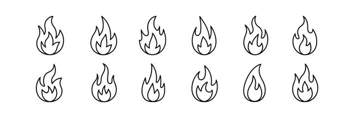 Various flame icons in black outline fire symbol